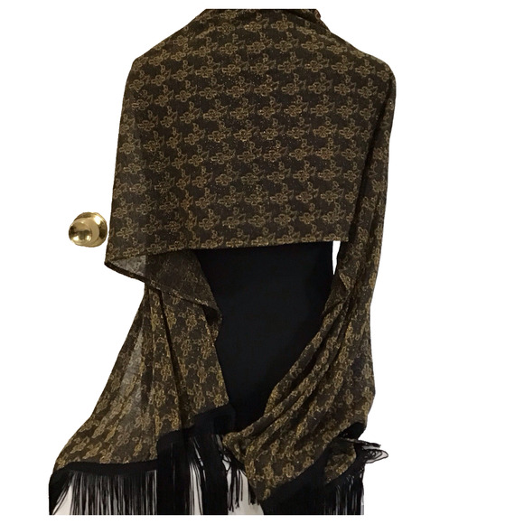 Black Gold Metallic Fringe Scarf Shawl Wrap Evening Wedding Party 75"x18" - Picture 7 of 11